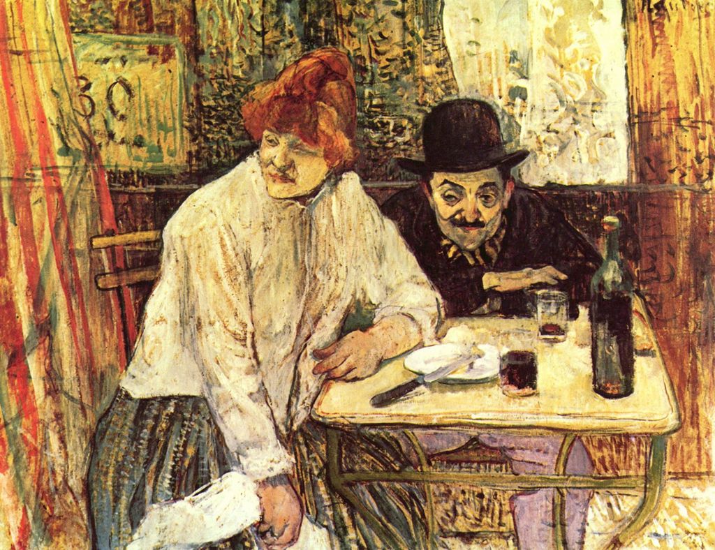 Olje- og gouachemaleri av en kvinne og en mann som sitter på kafé. Kroppsspråket viser at de er slitne. Foto.
