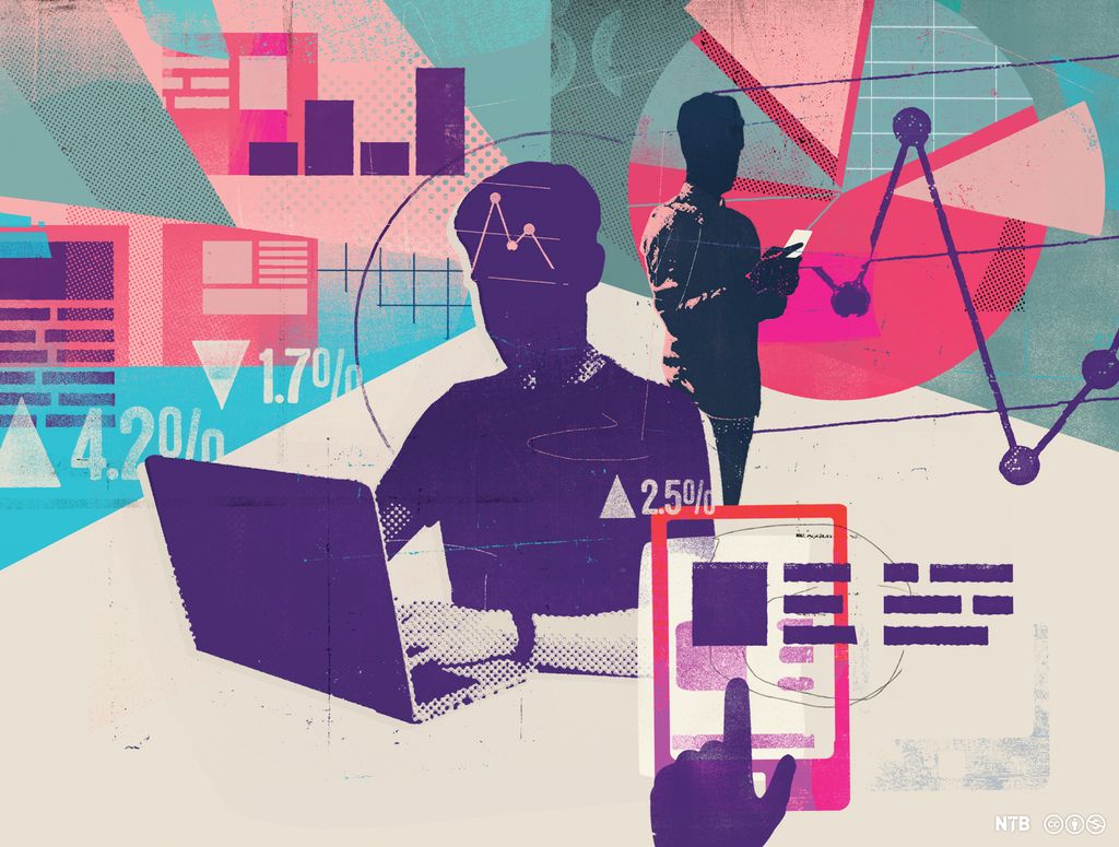 En person jobber på en bærbar datamaskin, en annen person holder i ei notatblokk. Rundt personene er det grafer og digitale skjermer. Illustrasjon. 