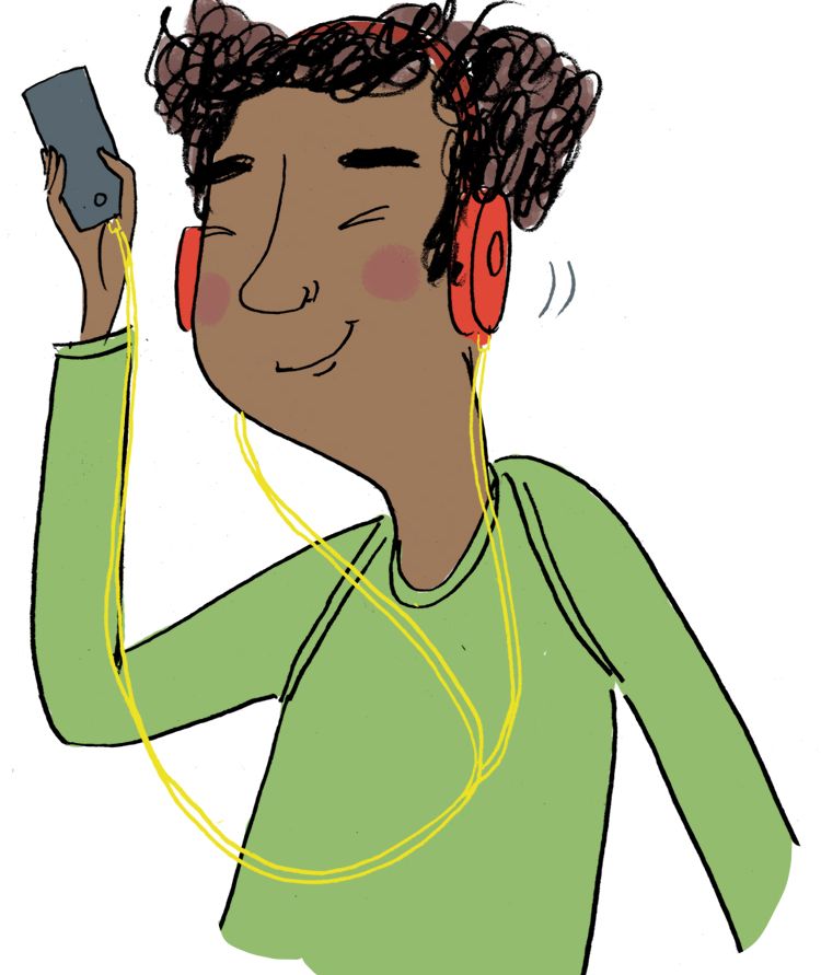 Person hører på musikk fra mobiltelefon. Illustrasjon.