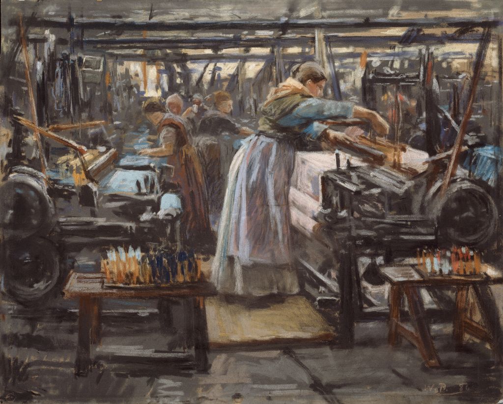 Maleriet *Fra Hjula Veveri* viser kvinner i lange skjørt og sjal som arbeider ved vevemaskiner i en stor fabrikkhall.