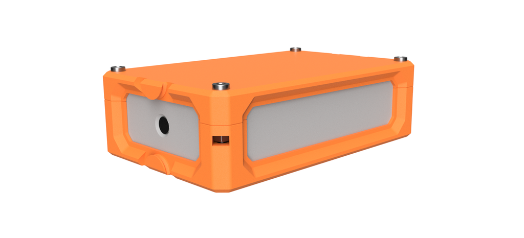 Oransje boks med en sensor på den ene sida. Illustrasjon.