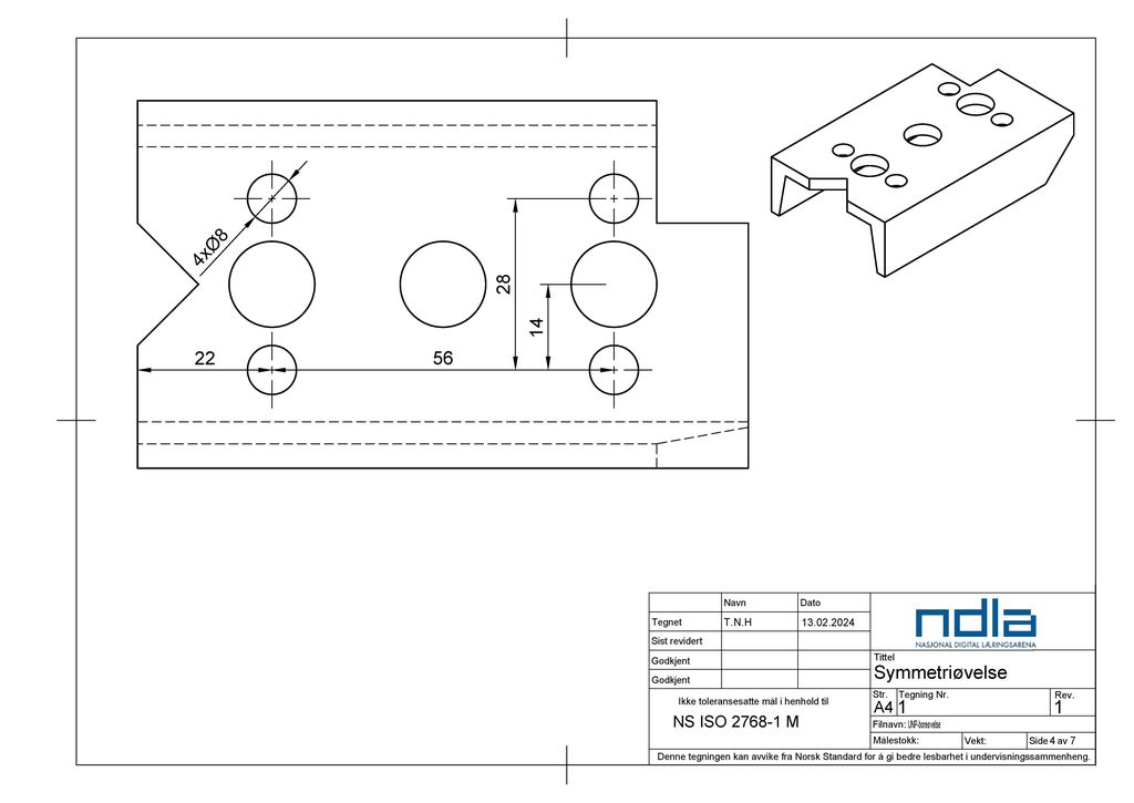 Teknisk tegning av en u-forma metalldel. Midt på delen er det plassert tre store hull langs en tenkt langsgående akse. Det første og tredje store hullet har ett mindre hull plassert på hver side. Avstanden fra kanten til midtpunktet på de små hulla er 22 mm, avstanden fra midtpunktet på det store hullet til midtpunktet på de små hulla er 14 mm. 