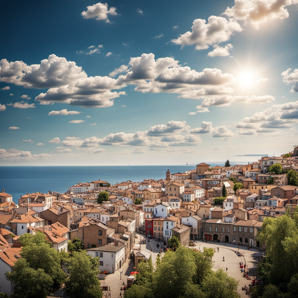 Ein hamneby med mange kvite eller lysebrune murhus. Hav i bakgrunnen. KI-foto.