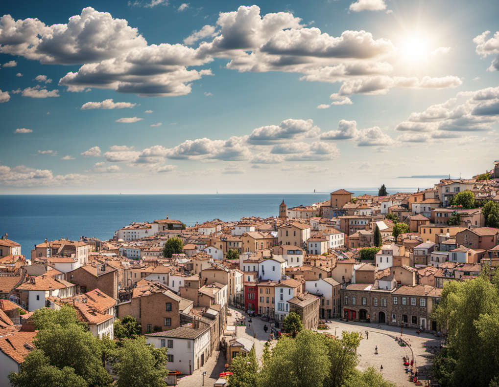 Ein hamneby med mange kvite eller lysebrune murhus. Hav i bakgrunnen. KI-foto.