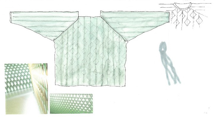 Garnprøve og skisser til en strikkegenser inspirert av foto av en lysvegg. Foto og tegning.