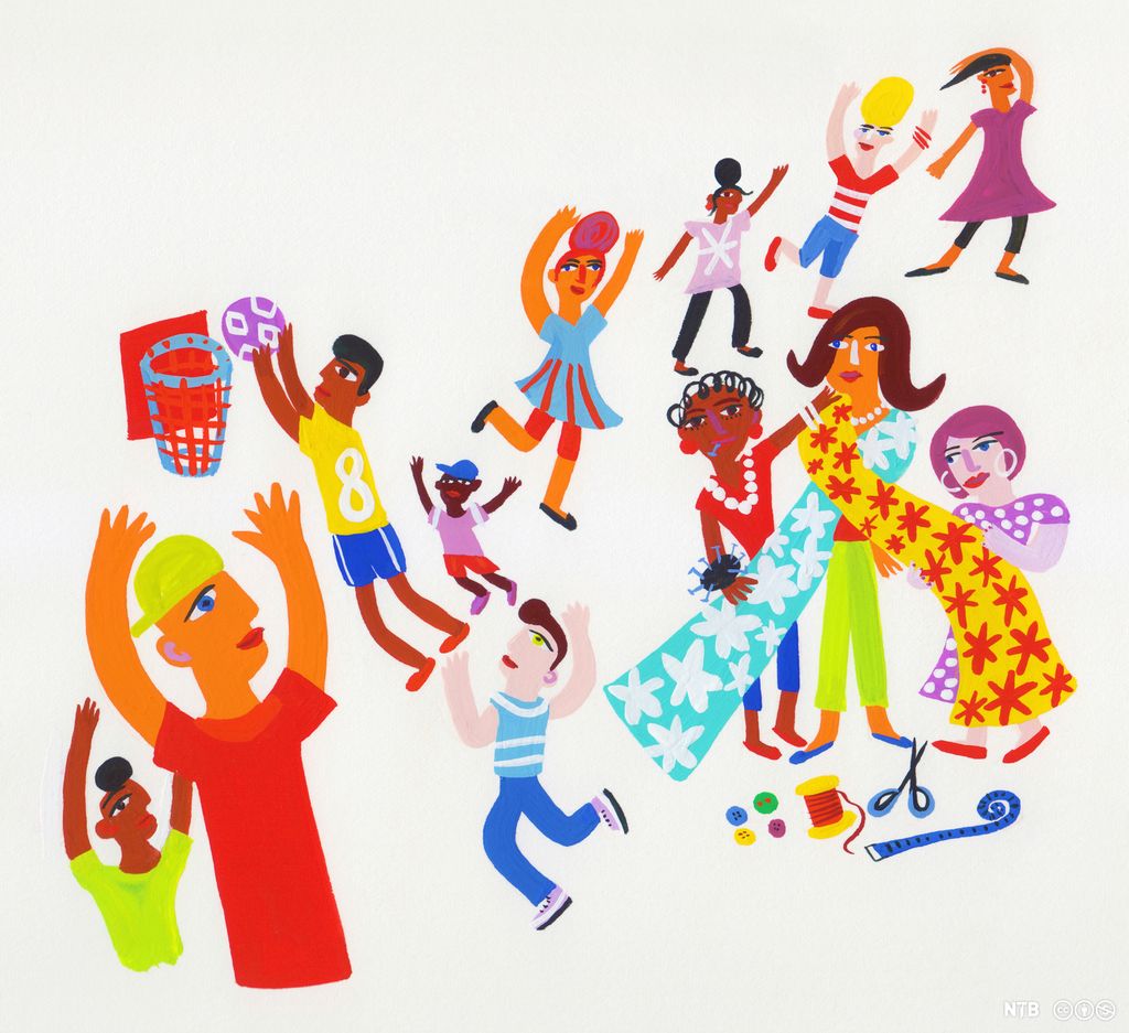 Gutter spiller basketball, og jenter syr og prøver klær. Illustrasjon. 