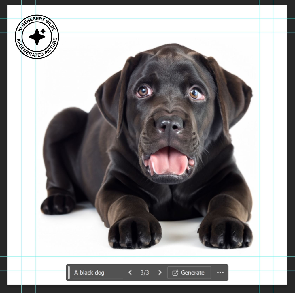 Fotorealistisk bilde av en svart valp. En tekstboks under valpen viser ledeteksten A black dog og at dette bildet er alternativ tre av tre. KI-foto.