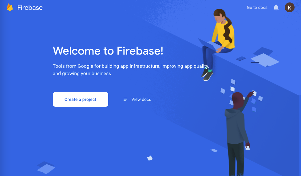 Firebase-konsollen, med overskrifta "Welcome to Firebase!". Skjermbilete.