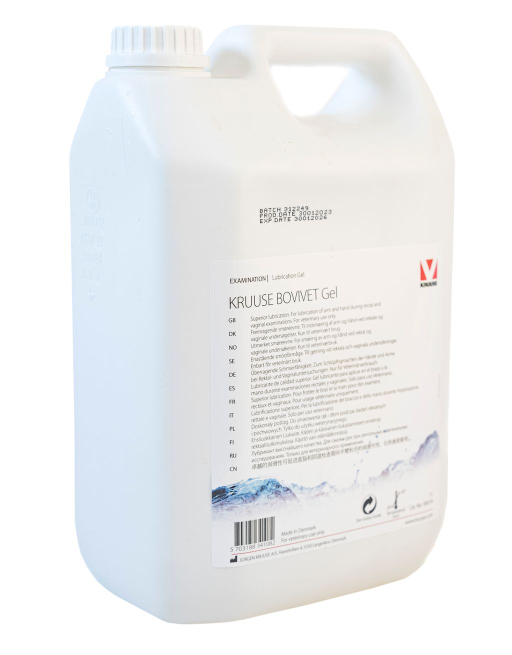 Hvit plastkanne med påskriften gel. Foto.