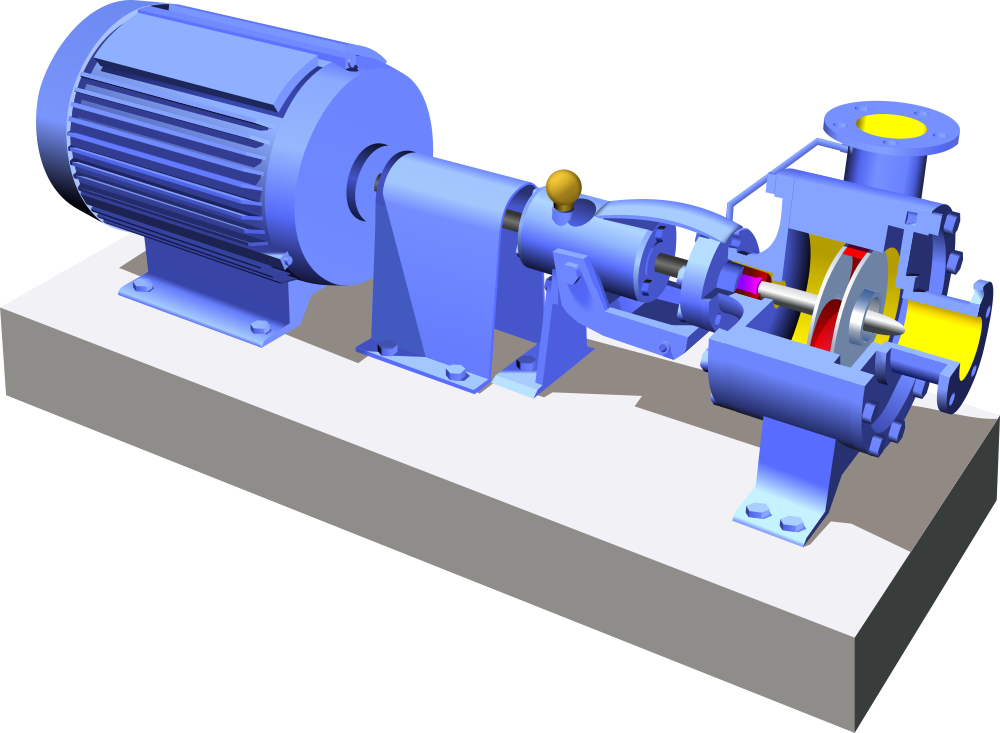 Sentrifugalpumpe med aksling og motor. 3D-illustrasjon.