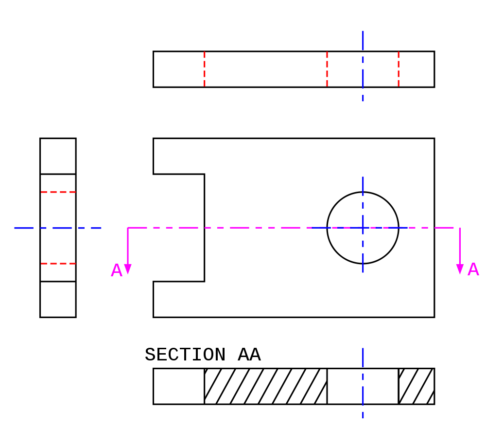 Døme på teknisk teikning med oppriss. Illustrasjon.