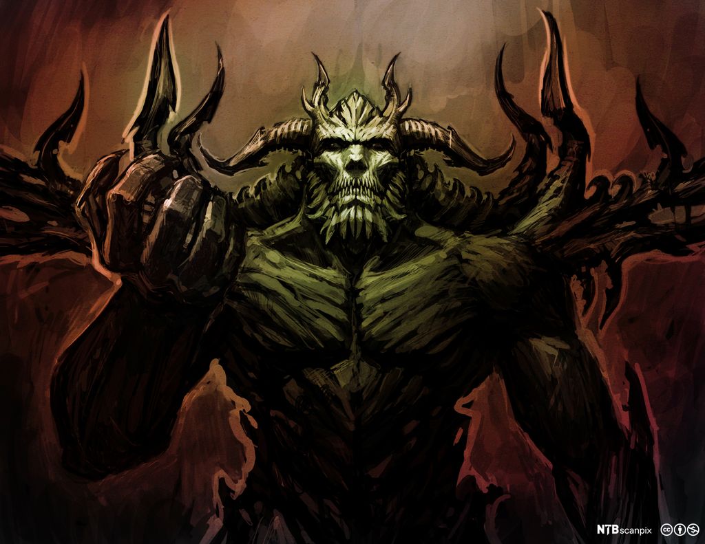 Helvetes hersker framstilt med horn og klør. Illustrasjon.