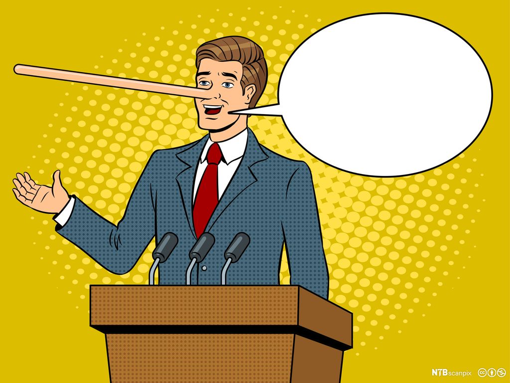 Tegneseriemann med lang nese og snakkeboble. Grafisk.