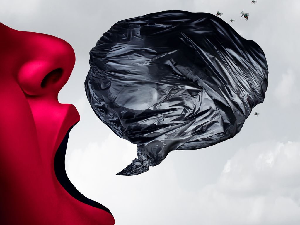 Illustrasjon av menneske med sort snakkeboble. Foto