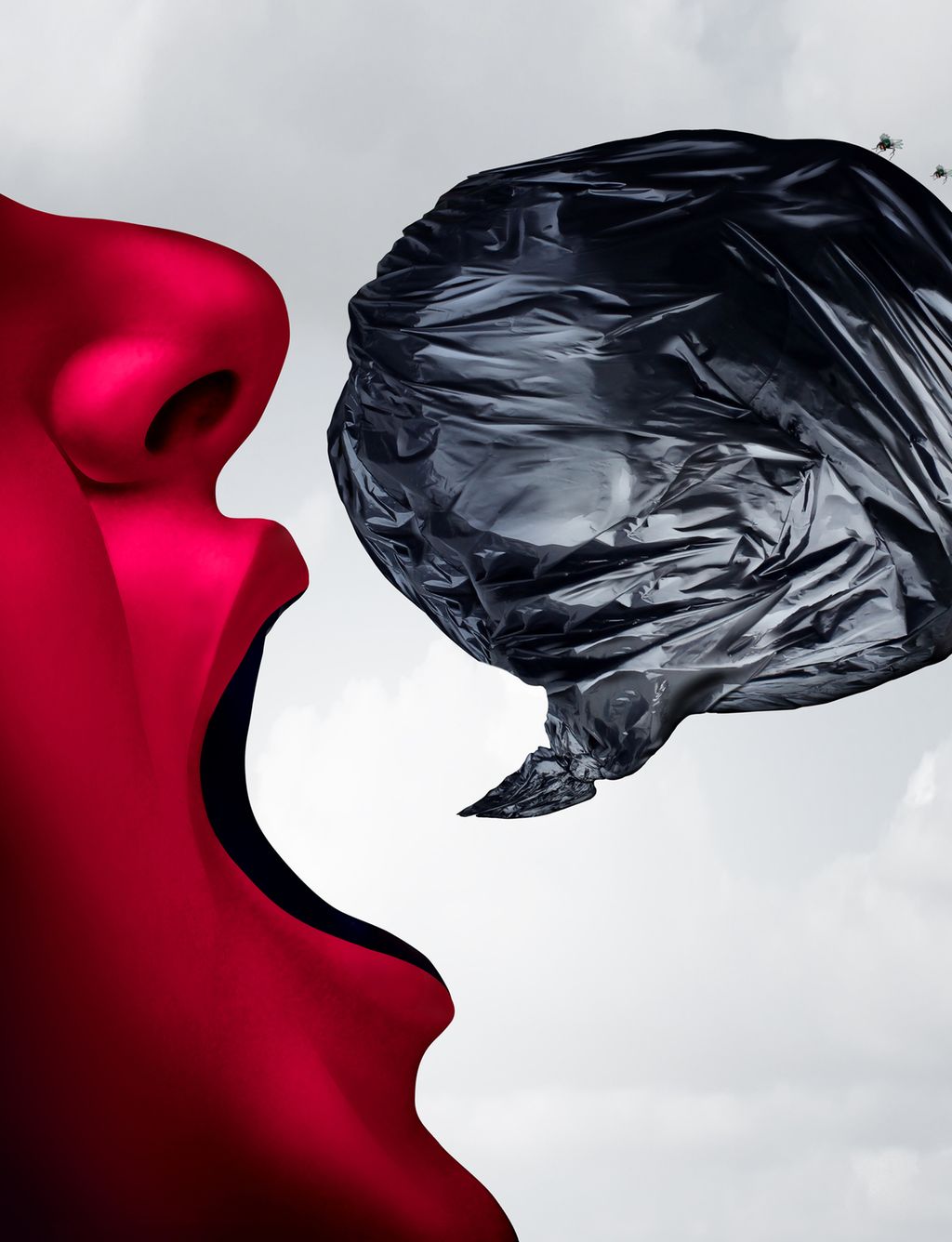 Raudt ansikt og svart snakkeboble. Illustrasjon.