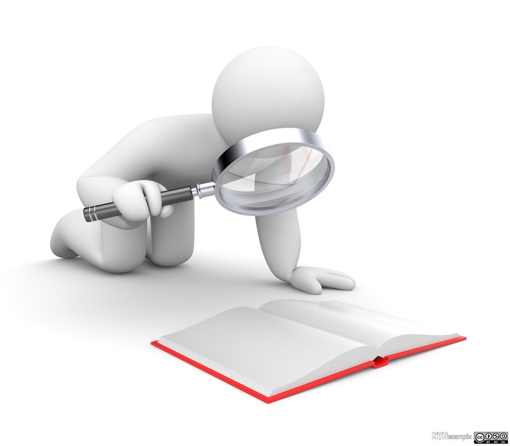 En menneskefigur holder et stort forstørrelsesglass over ei stor bok. Illustrasjon.