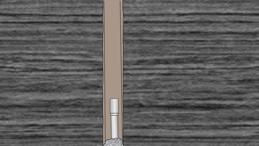 En fastkjørt borestreng fiskes ut av brønnen. Den frigjøres med en jar som slår oppover. Animasjon.