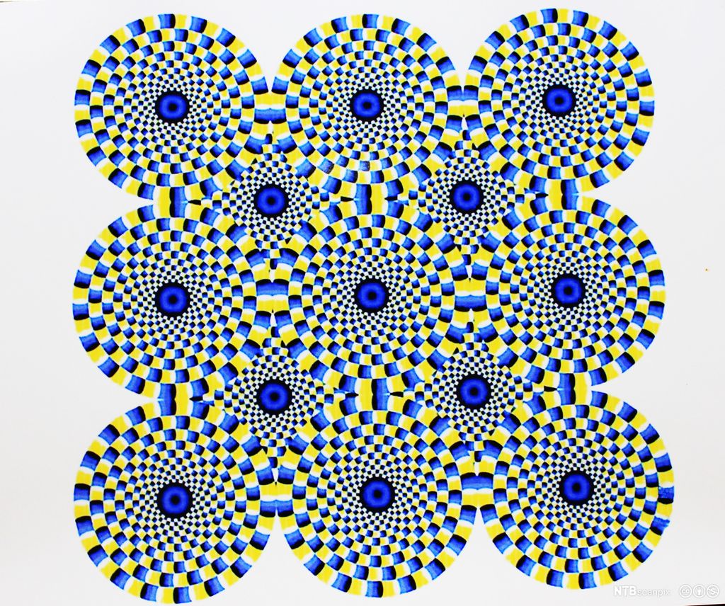Optisk illusjon. Fargerike sirkler som ser ut som de roterer, men som egentlig står stille. Datagrafikk.