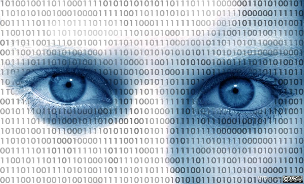 Illustrasjon av eit ansikt som er dekt av digital kode. Foto.