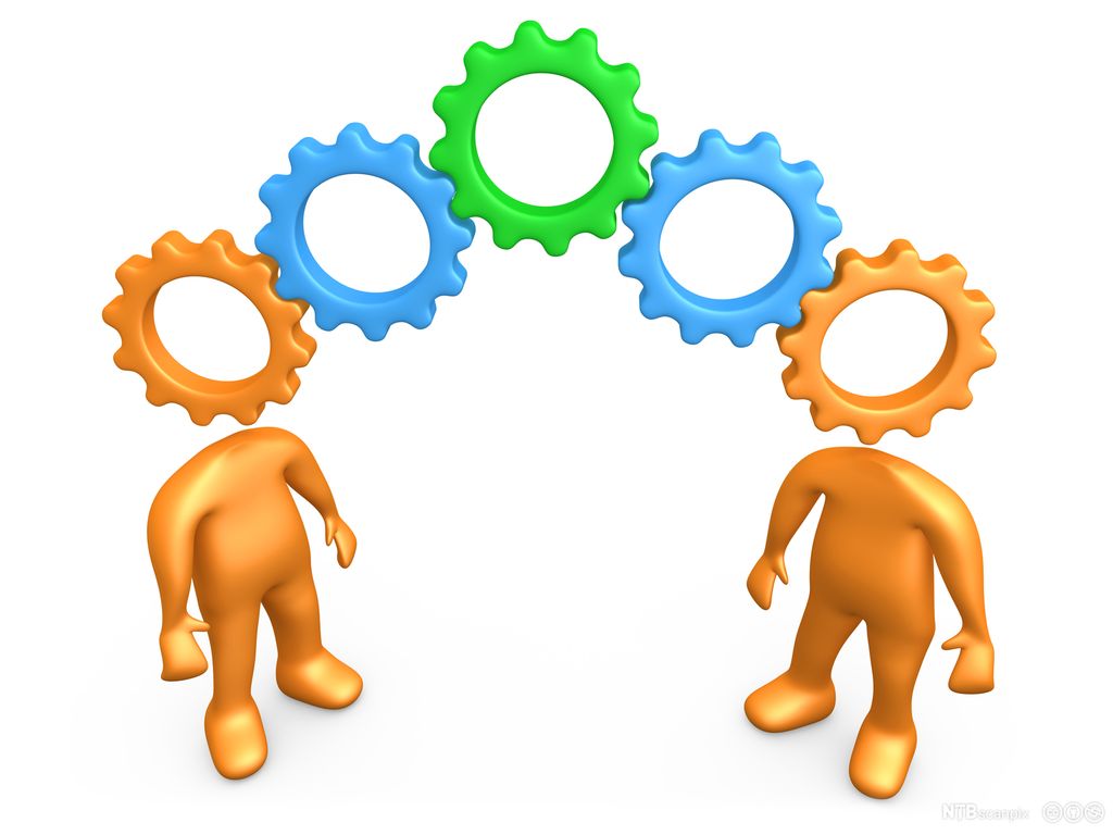 To figurer med sammenhengende tanker formet som tannhjul mellom seg. Illustrasjon.