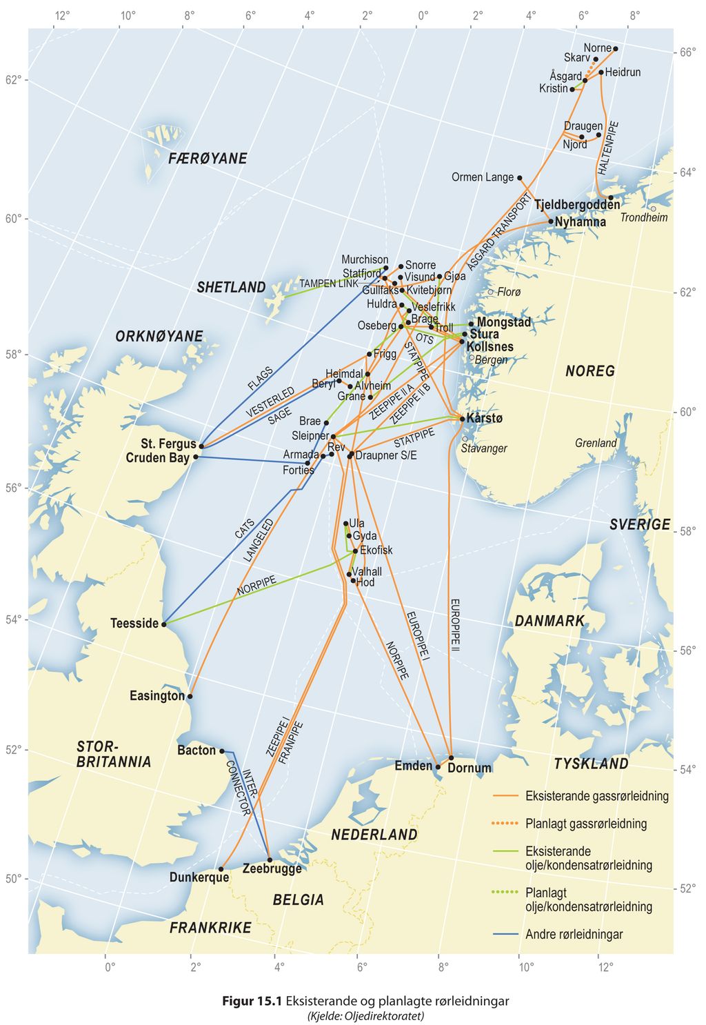 Kart med oversikt over rørledninger i Nordsjøen. foto.