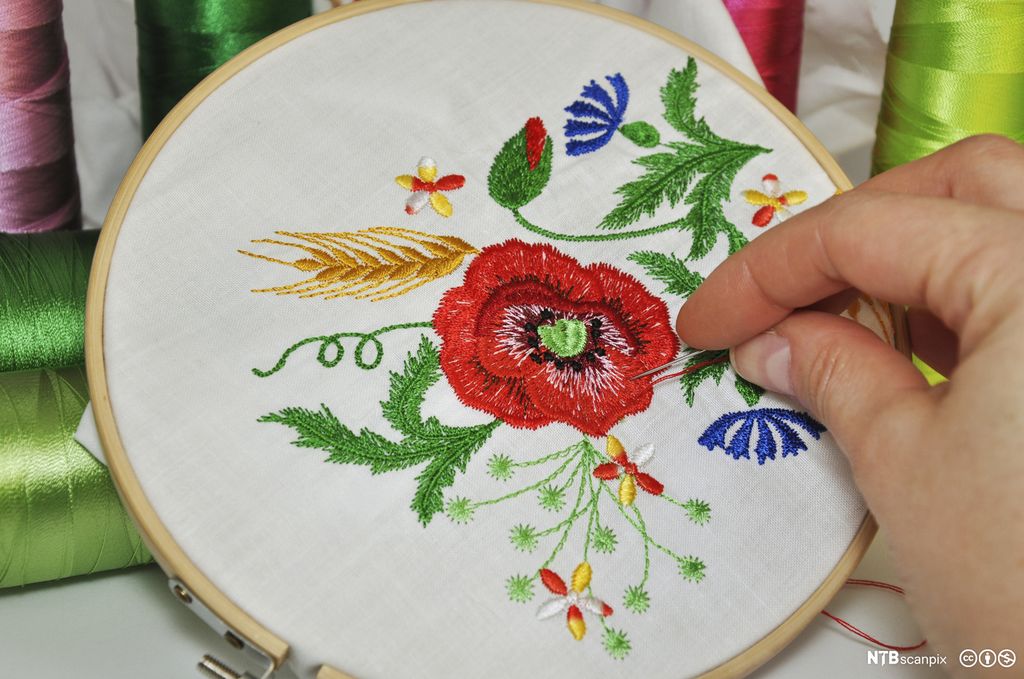 Hånd som broderer blomster på et tøystykke inni ei ramme. Foto.