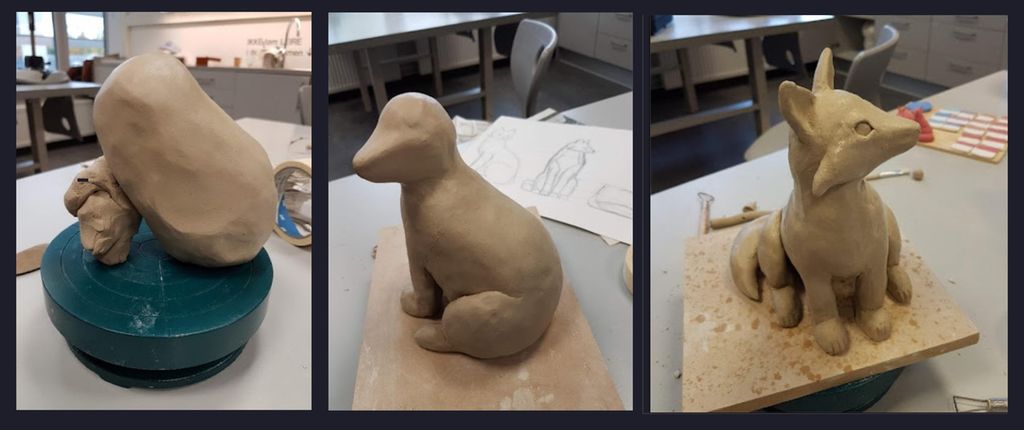Leireklump bearbeides til å bli en reveskulptur. Tre foto i serie.