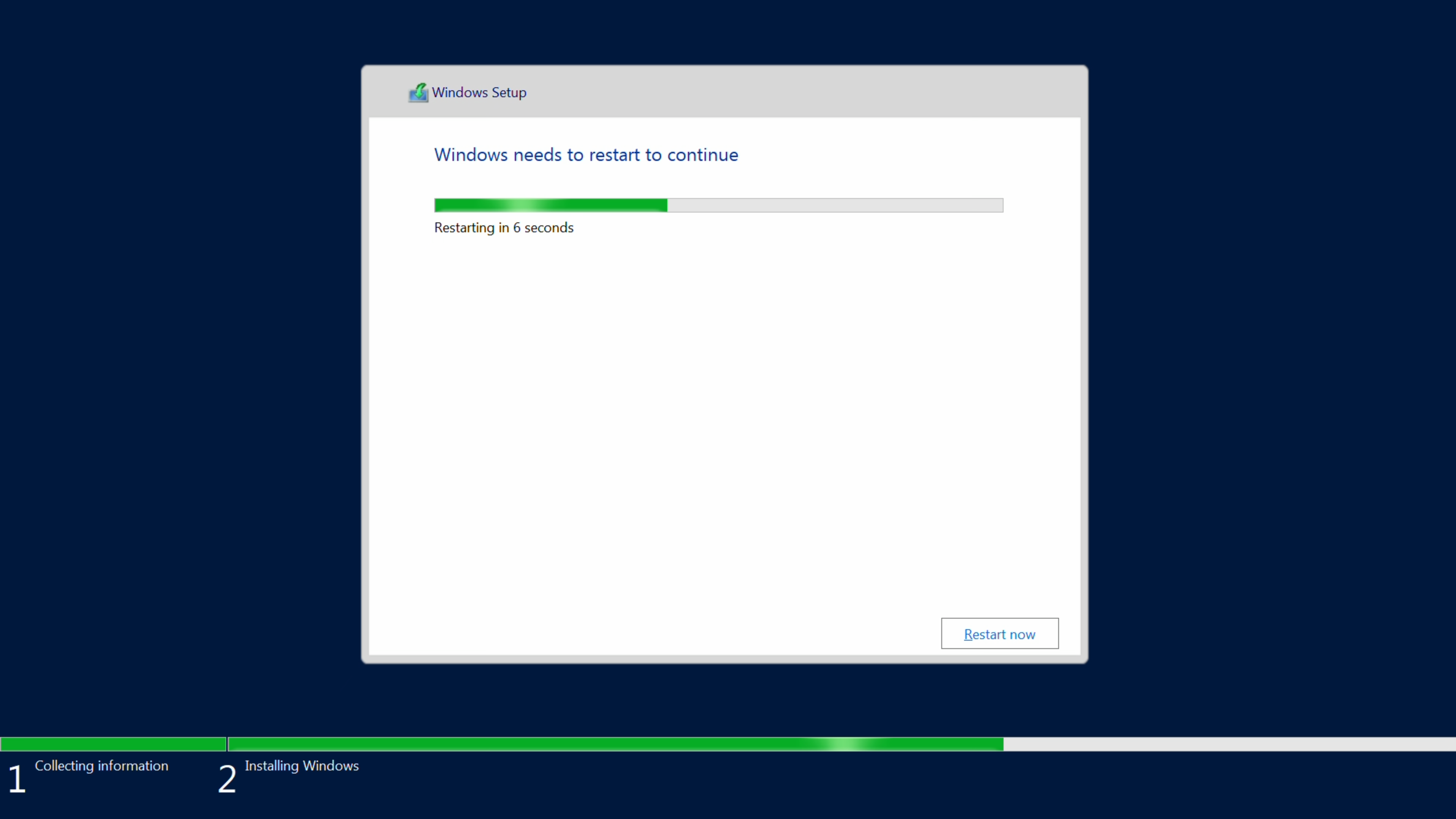 vindu som teller ned sekunder til automatisk restart. Skjermbilde fra Windows Server 2019
