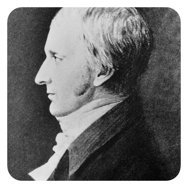 Svart-hvitt-portrett av Thomas Wedgwood. Ansiktet er tegnet i profil. Portrettet viser en middelaldrende mann med lang panne og nese og litt tynt hår. Han ser alvorlig ut. Rundt halsen bærer han et hvitt tørkle, og han har på seg ei mørk jakke. Illustrasjon.