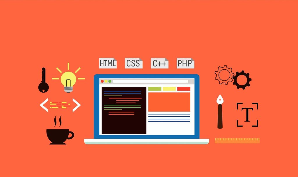 Laptop med symboler for koding: html, css,php skrevet over. Illustrasjon