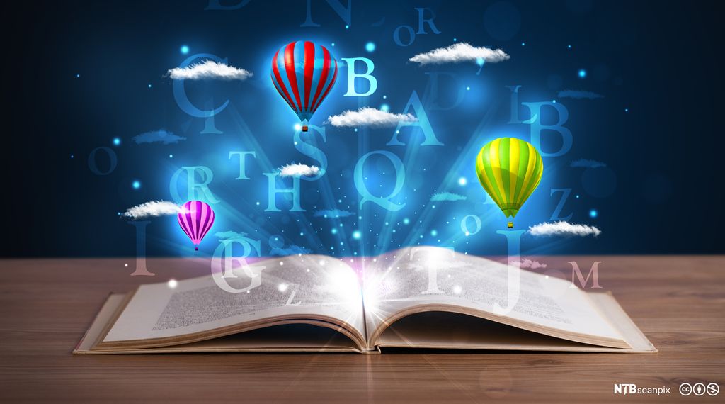 Fargerike ballonger stiger opp fra bokside. Manipulert fotografi.