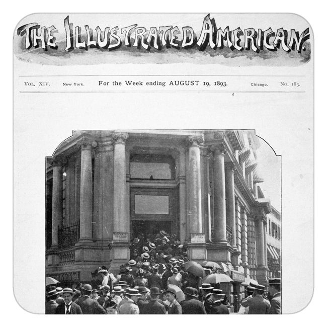 Faksimile av tittelsiden for The Illustrated American ei uke i august i 1893. Øverst står navnet på bladet, skrevet med litt uhøytidlig fantasiskrift med skygge. Hovedbildet viser hjørneinngangen på et stort bygg i en by. Fasaden på bygget er dekorert med søyler. Foran inngangen står det en stor skare med dresskledde menn som alle har på seg hatter. Til dels har de også paraplyer. De er på vei inn i bygget. Det er en eneste kvinne på bildet, og hun er på vei bort fra inngangen. 