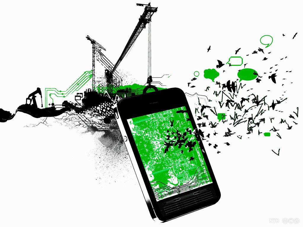 En smarttelefon henger fra en heisekran. Fugler og snakkebobler kommer ut av skjermen. Illustrasjon.