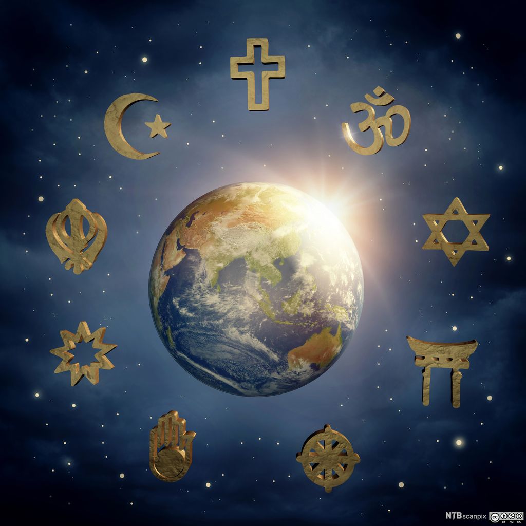Jordklode i verdsrommet omgitt av religiøse symbol. Illustrasjon.