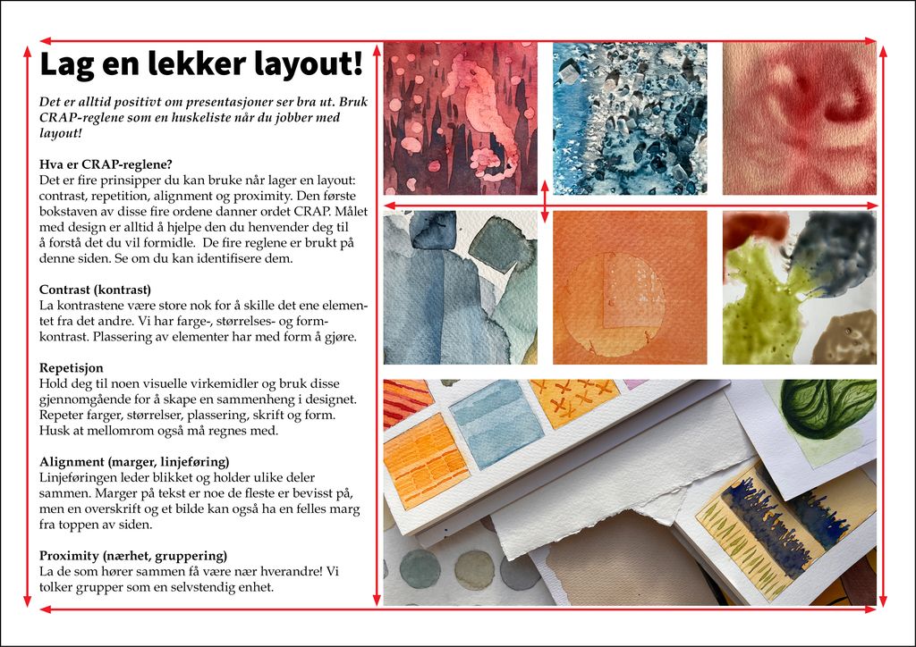 Plakat med tekst og bilder som eksempel på layout. Illustrasjon.