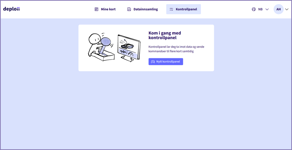 Skjermbilde fra programvaren Deploii som viser en knapp for å opprette et kontrollpanel. Skjermutklipp.