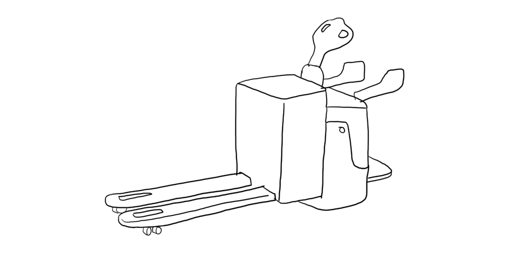 Elektrisk palletruck med faste løftegafler, også kalt snile. Tegning.