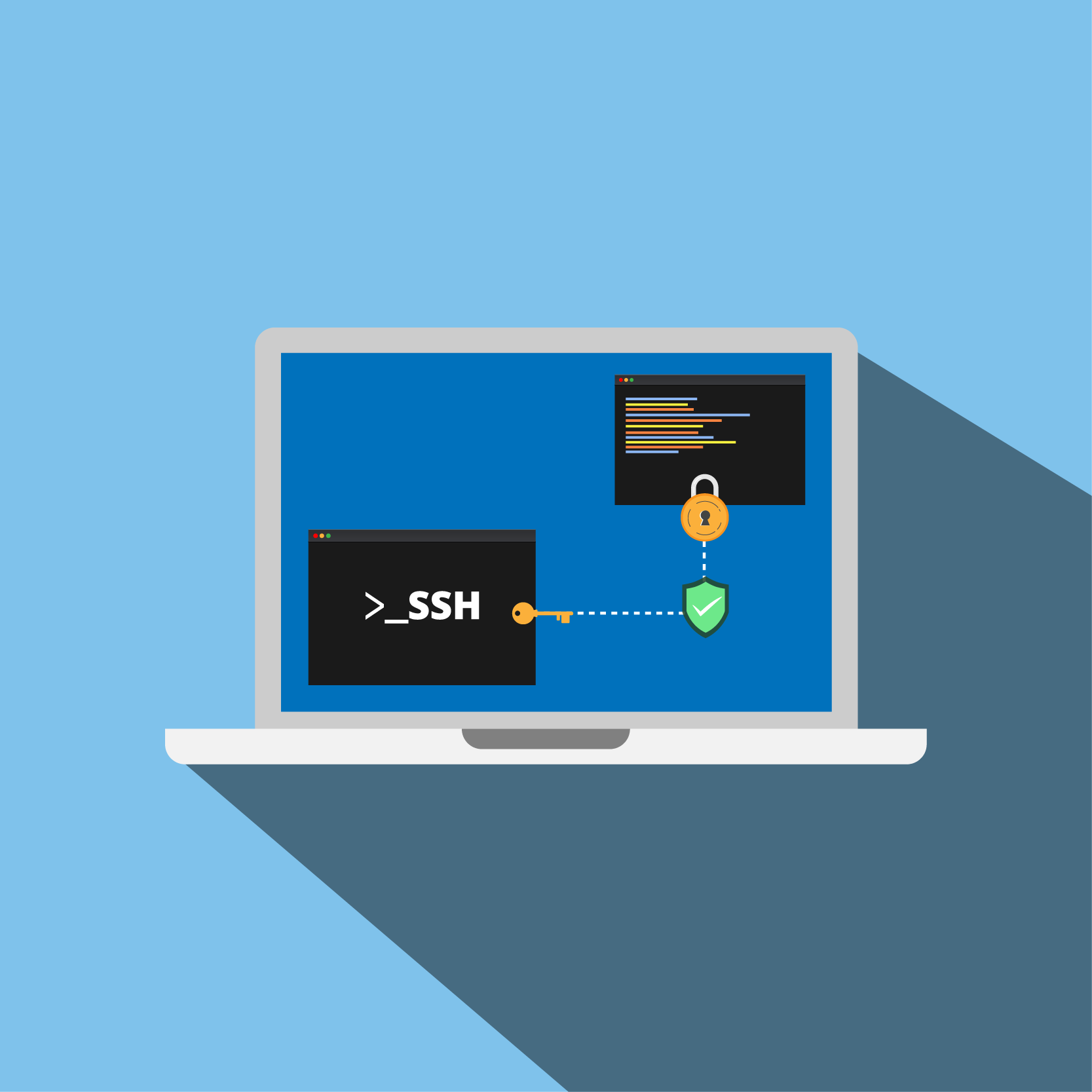 Dataskjerm med to vinduer. I det ene står det SSH, og i det andre er det linjer med uleselig tekst. Grafikk.