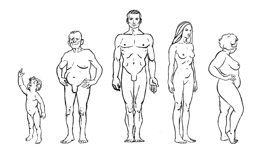 Fem konturteikningar av menneskekroppar. Modellane har forskjellig kjønn, alder og kroppsfigur. Illustrasjon.