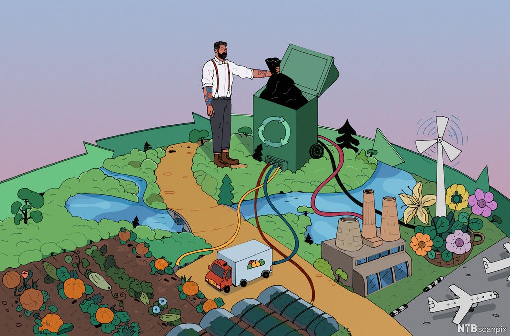 Mann legger avfall i beholder merket resirkulering. Illustrasjon.