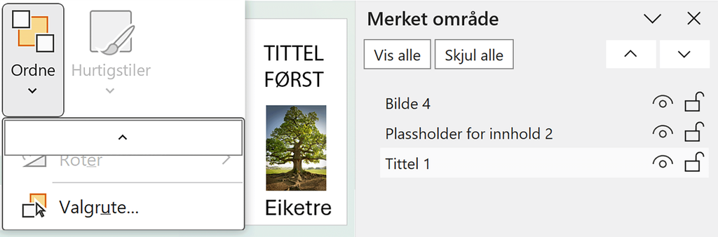 Ordne-menyen i PowerPoint viser mange valg for sortering og gruppering. Nederst i menyen finner vi mulighet for å åpne valgrute. Ved siden av ser vi en slide i PowerPoint med tre elementer. Til høyre viser valgruta at leserekkefølgen er: 1. Tittel,  2. Bildetekst og 3. Bilde. Skjermutklipp.