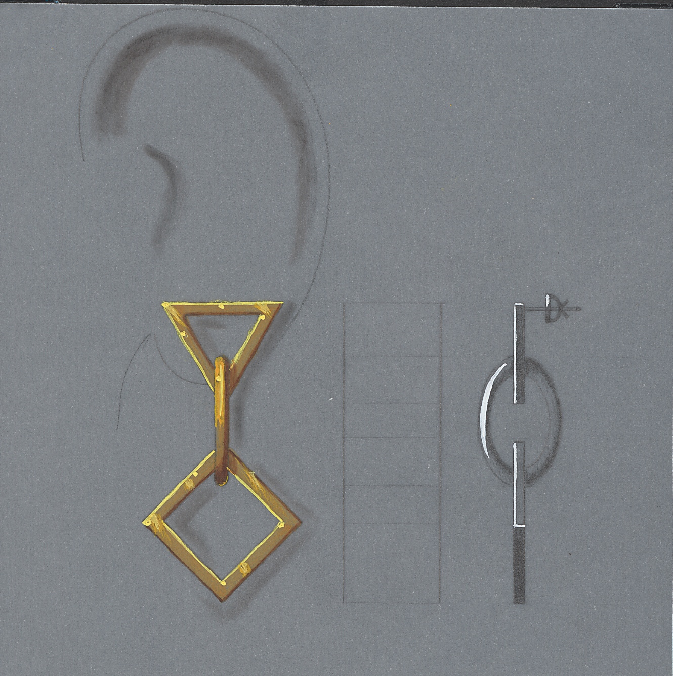 Øredobb sett forfra og fra sida. Tegning.