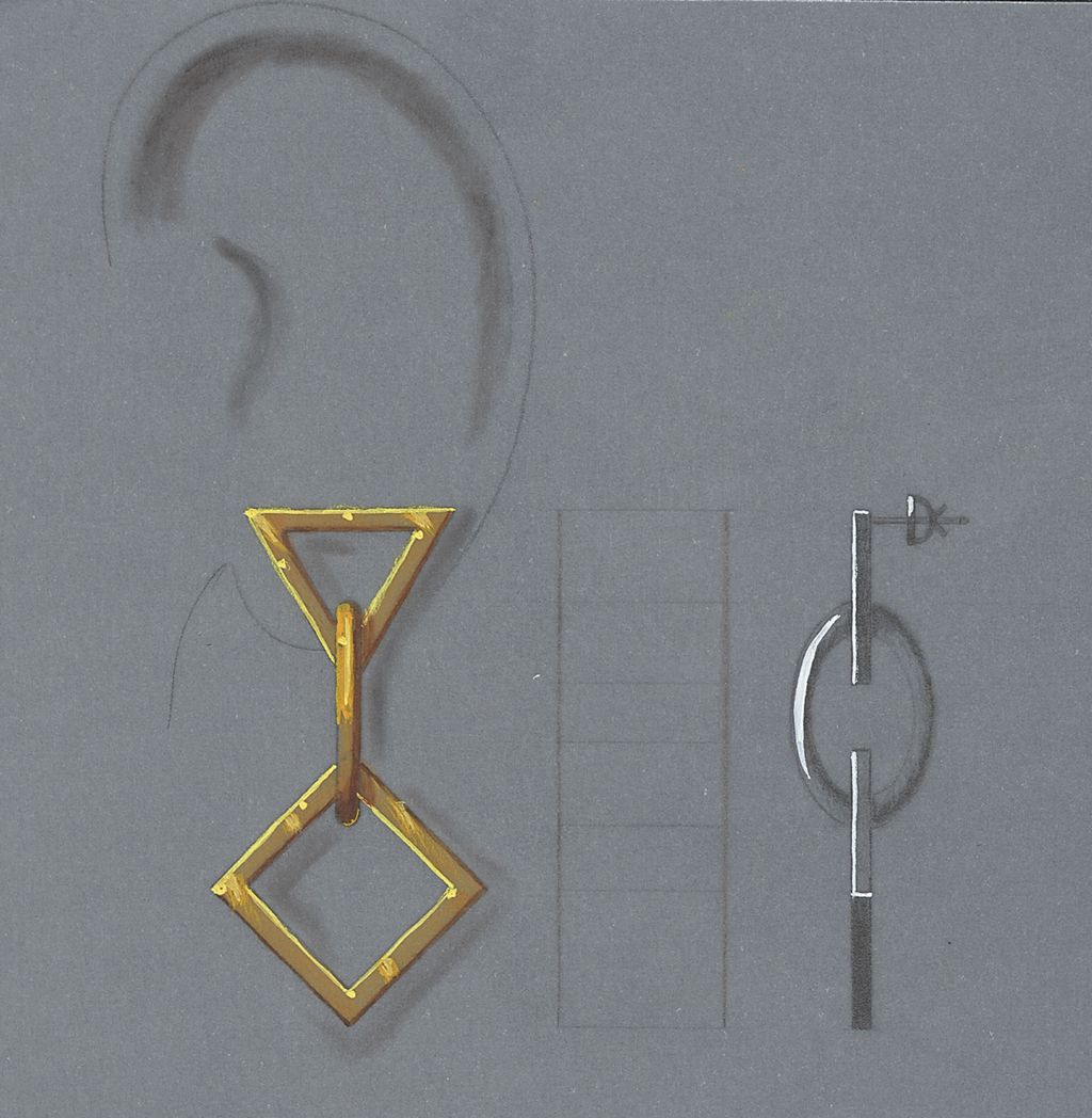 Øredobb sett forfra og fra sida. Tegning.