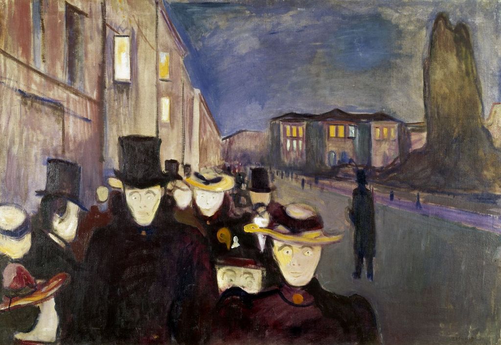 En rekke mennesker som er hvite i ansiktet og likner spøkelser ser mot deg. De går på Karl Johans gate. I bakgrunnen er en enslig mann som går bort. Stortinget synes også i bakgrunnen. Maleri.