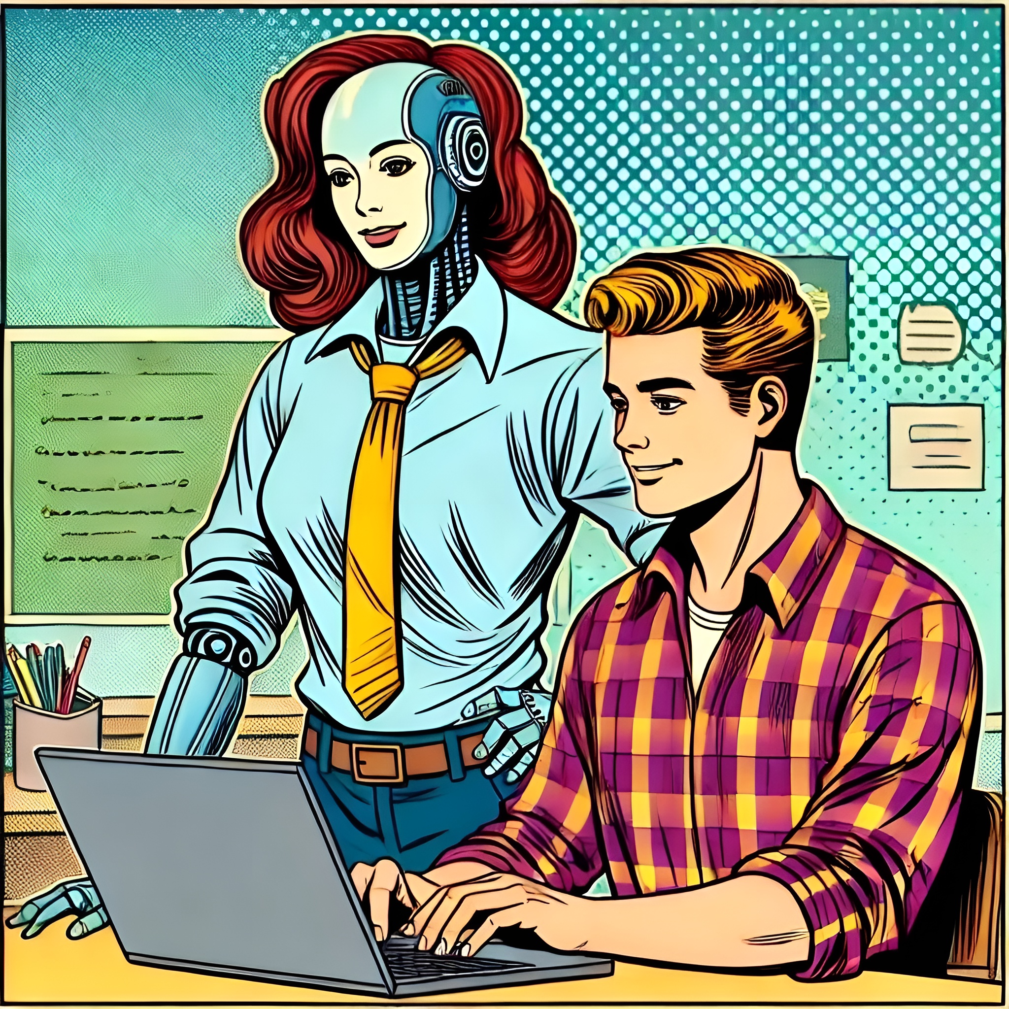 Popart-inspirert tegning av en smilende ung mann som sitter og skriver på en bærbar datamaskin. En smilende menneskeliknende robot står ved siden av og ser på skjermen. KI-illustrasjon.