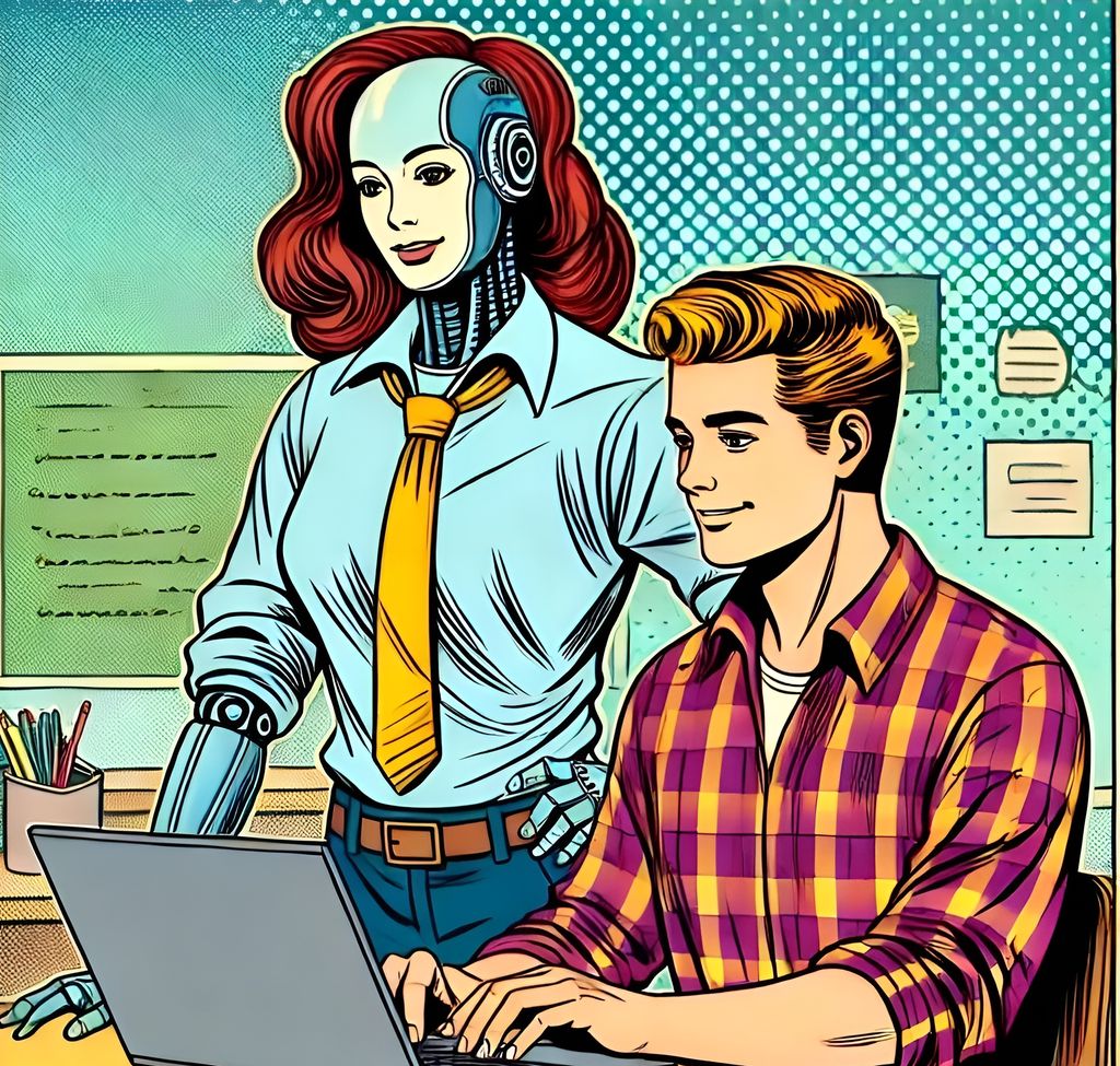 Popart-inspirert tegning av en smilende ung mann som sitter og skriver på en bærbar datamaskin. En smilende menneskeliknende robot står ved siden av og ser på skjermen. KI-illustrasjon.
