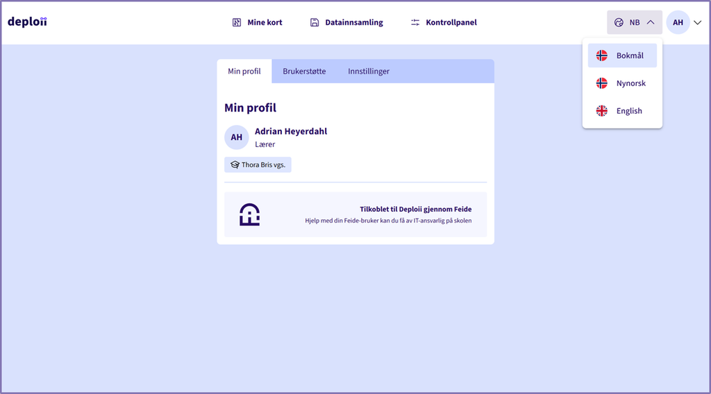 Skjermbilde fra programvaren Deploii som viser en nedtrekksmeny med valgene bokmål, nynorsk og engelsk. Skjermutklipp.
