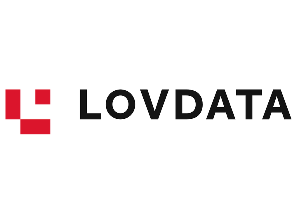 Lovdata sin logo i fargene rødt, hvitt og svart. Illustrasjon.