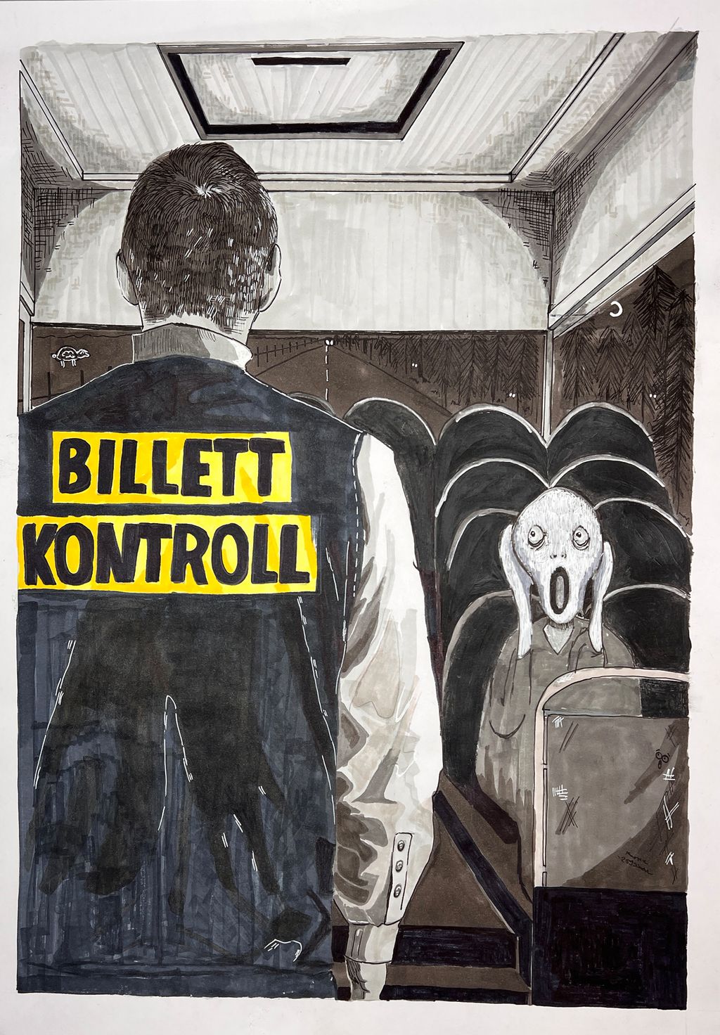 Skrikfiguren sitter på bussen og ser en billettkontrollør komme mot seg. Illustrasjon.