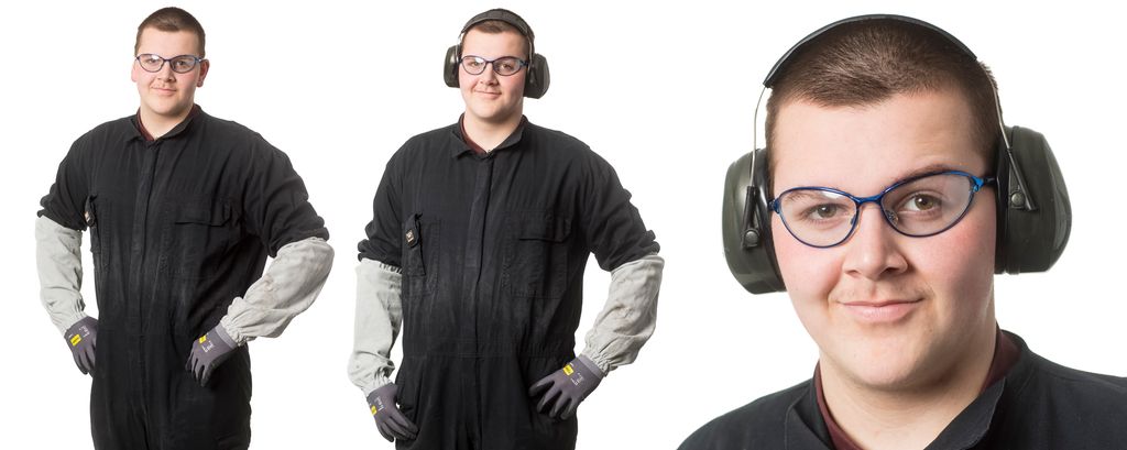 Tre bilder av en person ved verneutstyr. Foto.